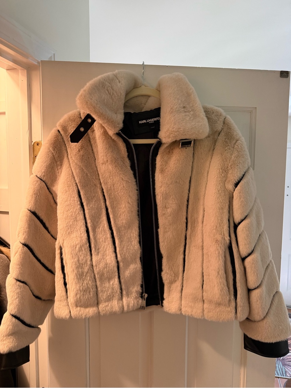 Karl Lagerfeld Paris Faux Fur Moto Jacket Cream Black Size S